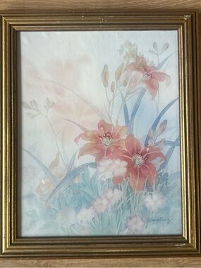 Diana Kung Vintage Framed Floral Watercolor Print with Red Lilies